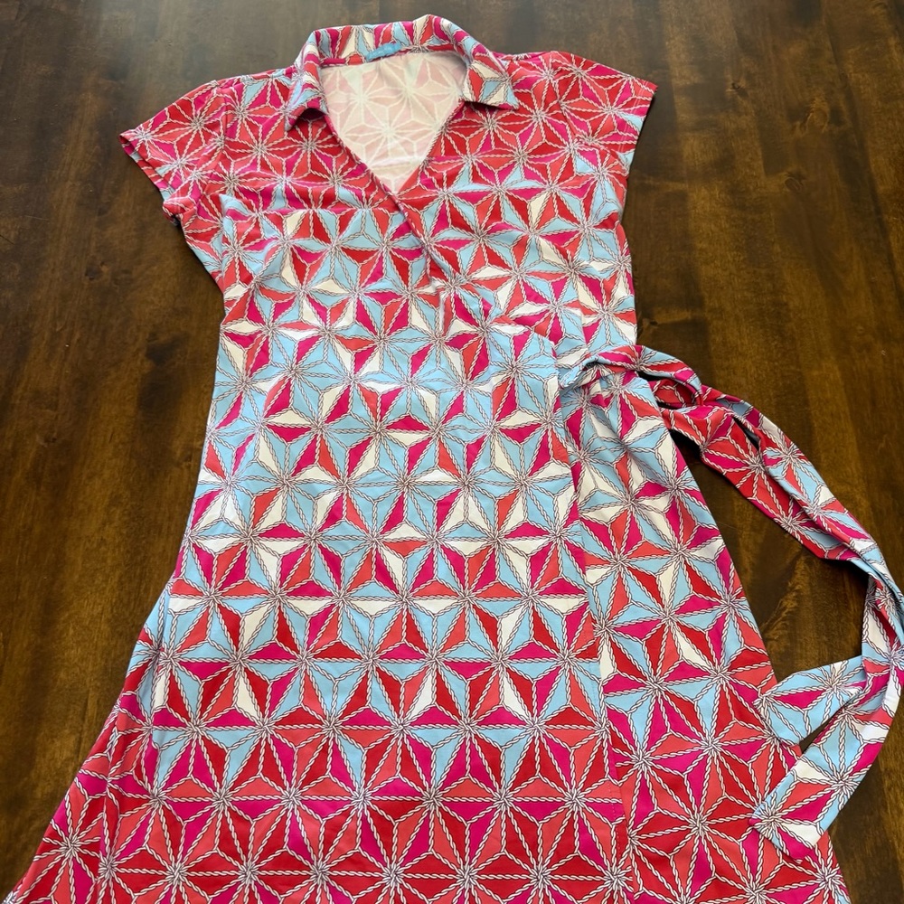 Women’s J. McLaughlin Geometric Print Wrap Dress Small Shortsleeve Pink/Aqua
